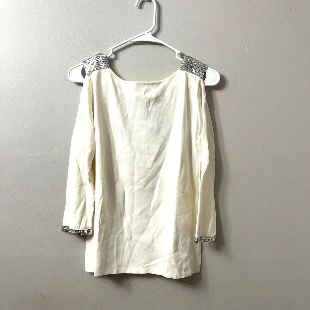 Vtg Y2K Joseph A Womens White Blouse Long Sleeve Large Sequin Cold Shoulder NWT